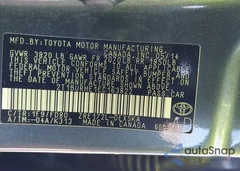 2014 Toyota Corolla из США, поврежденный, VIN 2TBURHE1EC163822